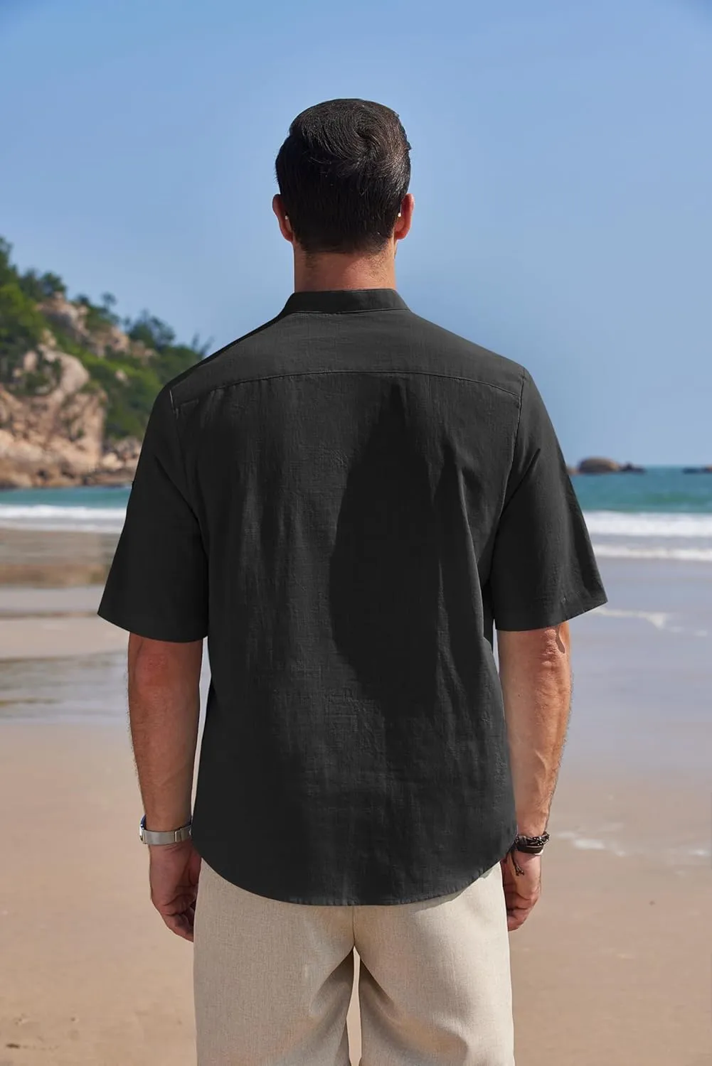 COOFANDY Men's Cotton Linen Henley Shirt Short Sleeve Hippie Casual Band Collar Summer Beach T-Shirts