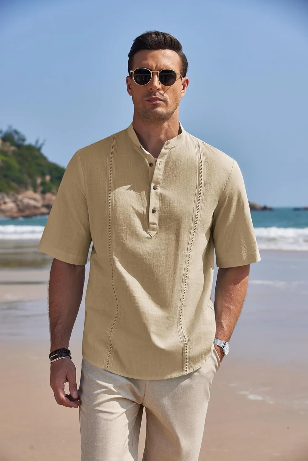 COOFANDY Men's Cotton Linen Henley Shirt Short Sleeve Hippie Casual Band Collar Summer Beach T-Shirts