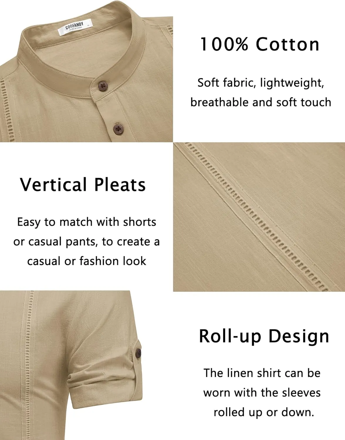 COOFANDY Men's Cotton Linen Henley Shirt Short Sleeve Hippie Casual Band Collar Summer Beach T-Shirts