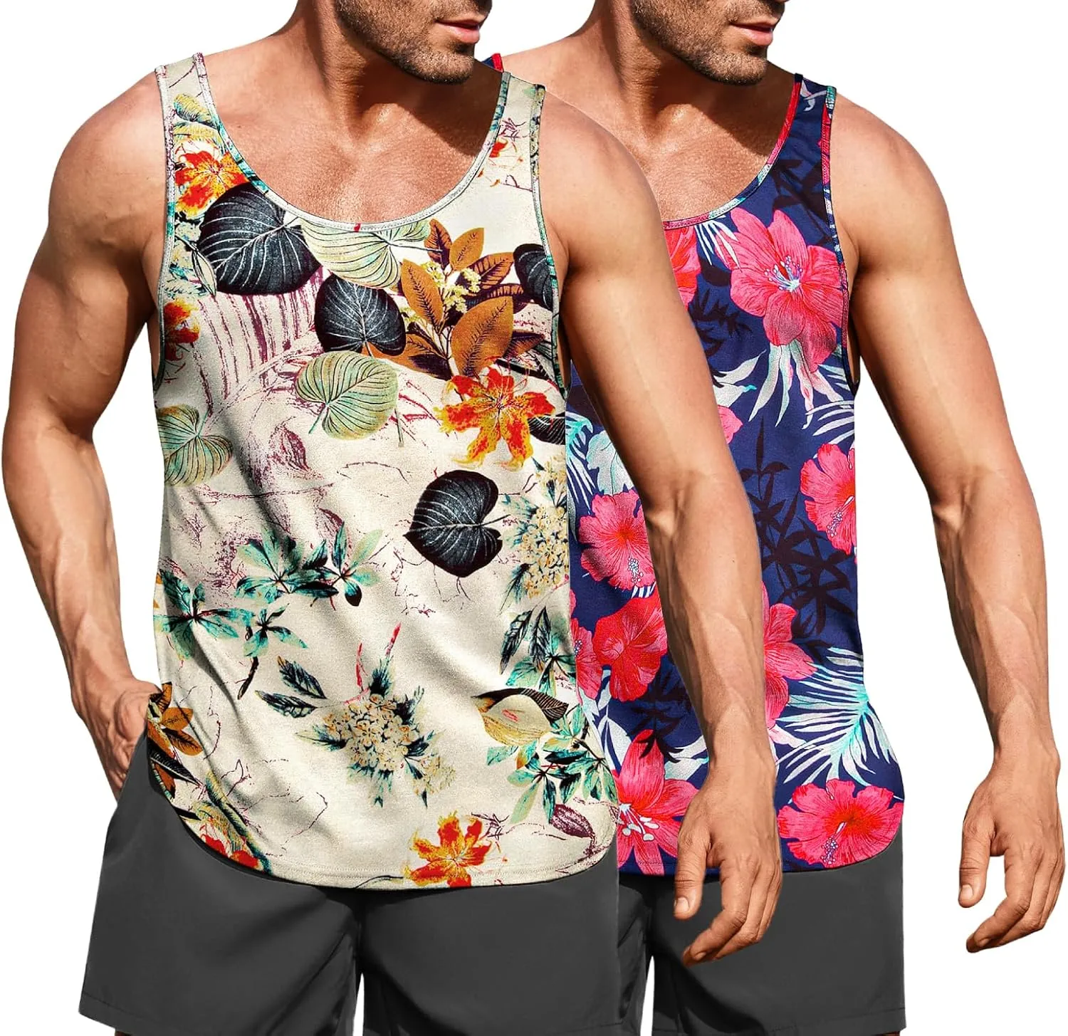 COOFANDY Men's Floral Tank Top Sleeveless Tees All Over Print Casual Sport T-Shirts Hawaii Beach Vacation