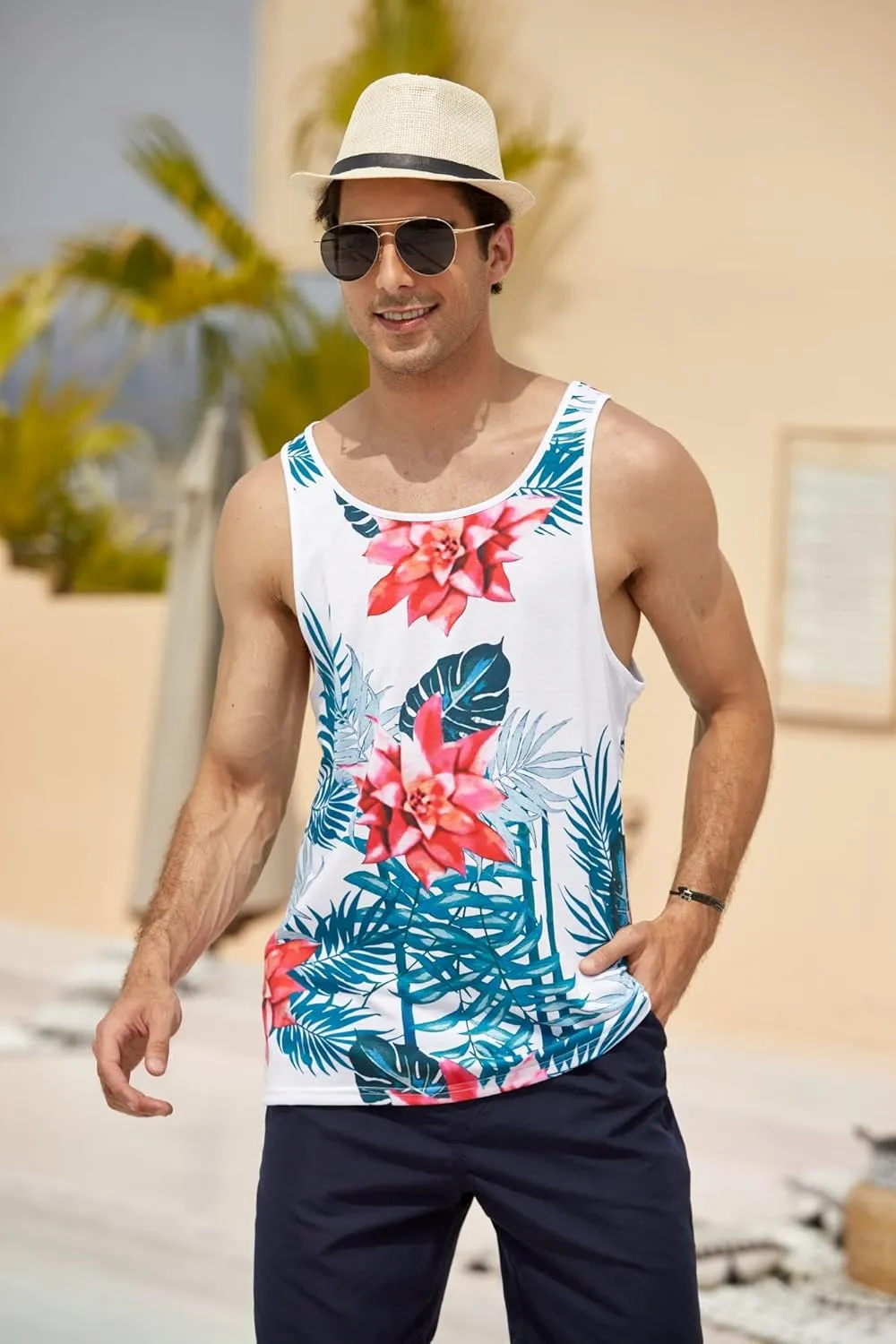 COOFANDY Men's Floral Tank Top Sleeveless Tees All Over Print Casual Sport T-Shirts Hawaii Beach Vacation
