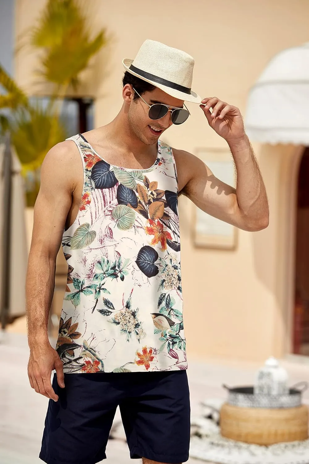 COOFANDY Men's Floral Tank Top Sleeveless Tees All Over Print Casual Sport T-Shirts Hawaii Beach Vacation