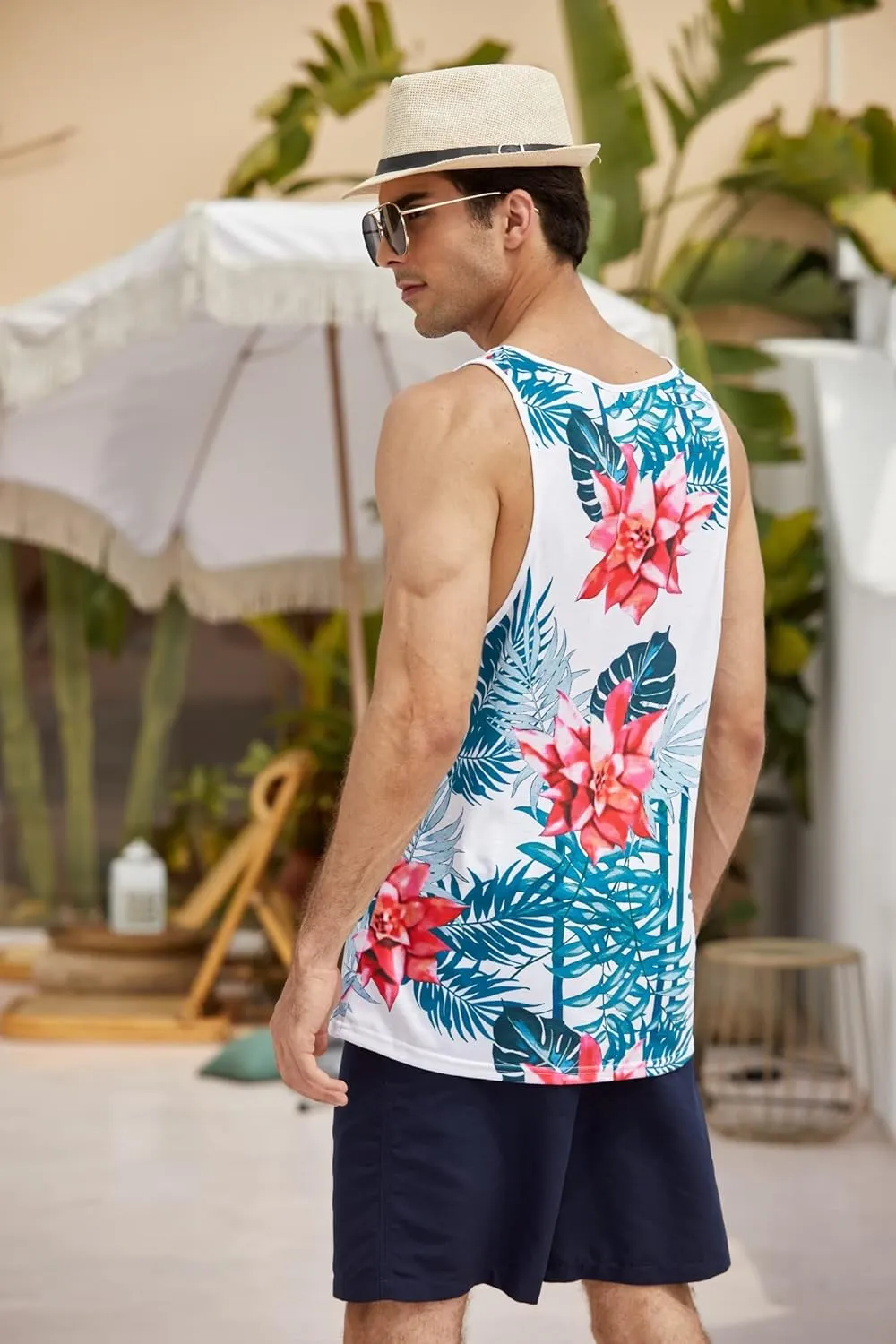 COOFANDY Men's Floral Tank Top Sleeveless Tees All Over Print Casual Sport T-Shirts Hawaii Beach Vacation
