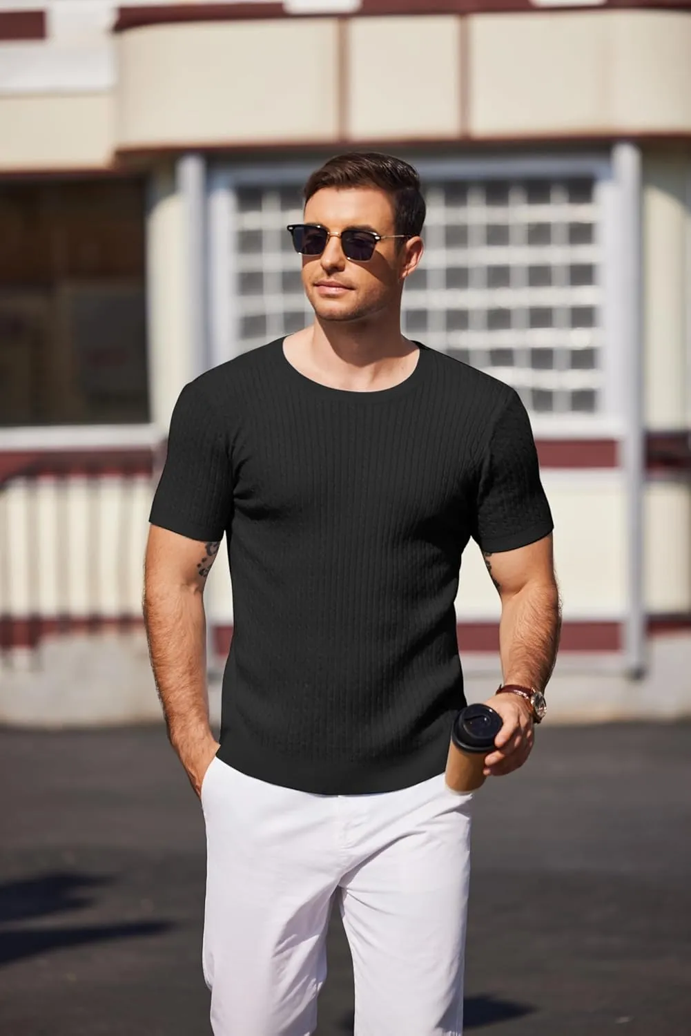 COOFANDY Men's Knit T Shirt Short Sleeve Crewneck Casual Vintage T-Shirts Summer Twist Knitted Pullover Tee