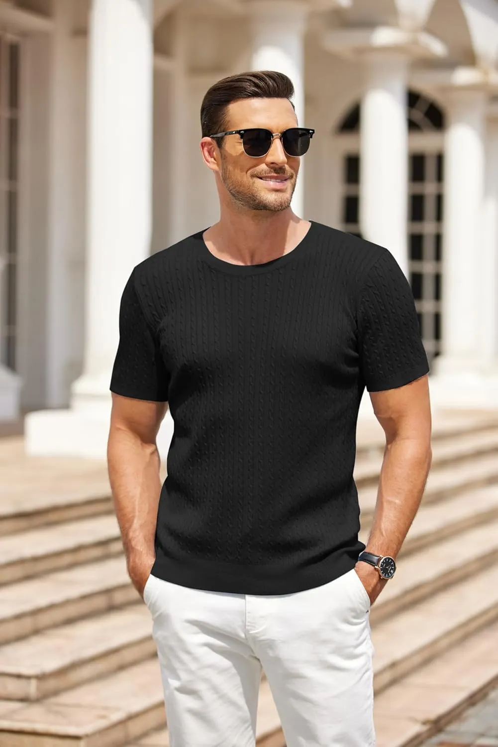 COOFANDY Men's Knit T Shirt Short Sleeve Crewneck Casual Vintage T-Shirts Summer Twist Knitted Pullover Tee