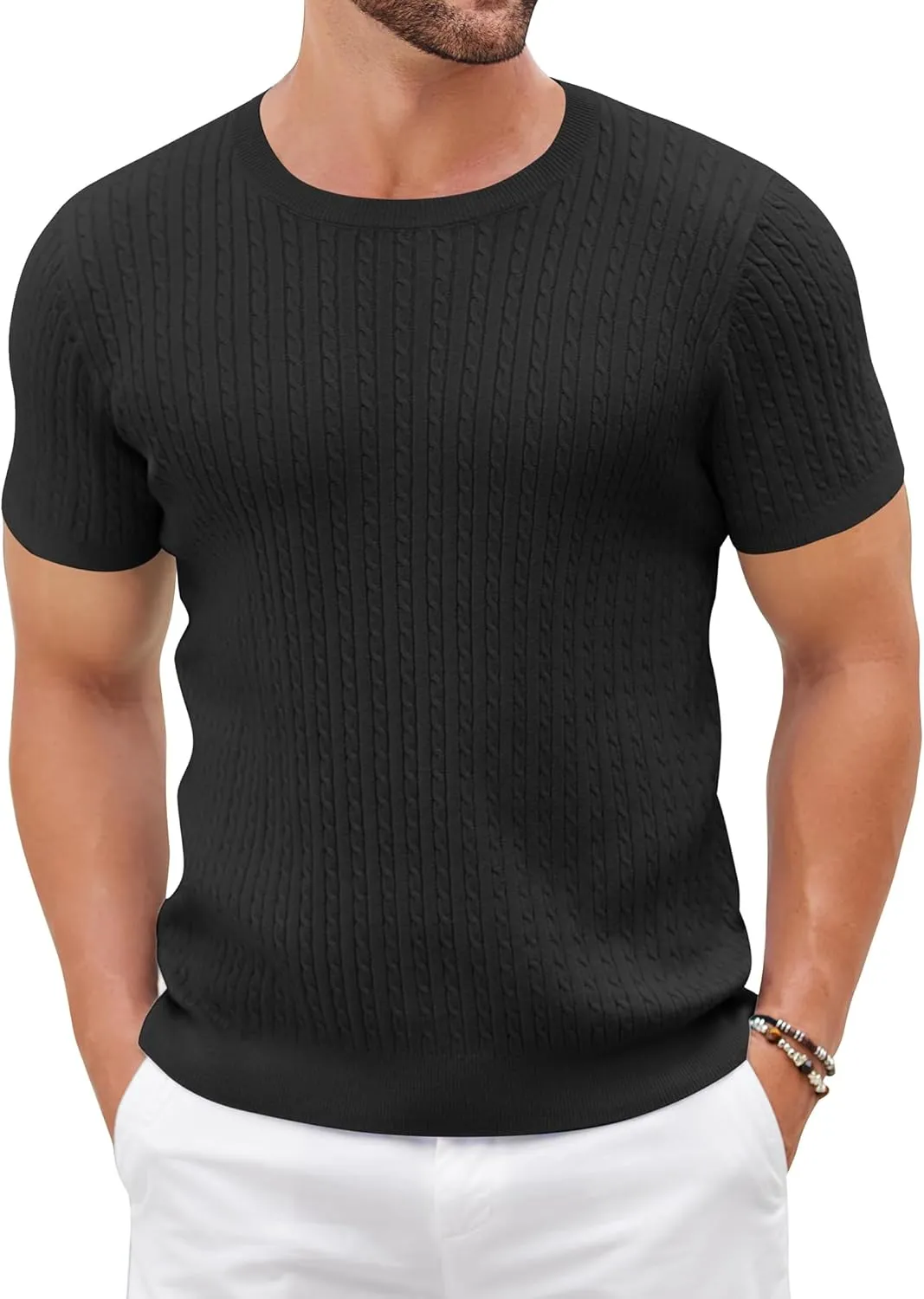 COOFANDY Men's Knit T Shirt Short Sleeve Crewneck Casual Vintage T-Shirts Summer Twist Knitted Pullover Tee