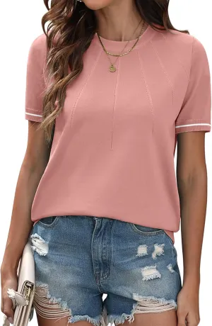 COSSEN Womens Tops 2025 Summer Short Sleeve Sweater Fashion Trendy Crew Neck Pullover Knit T Shirts