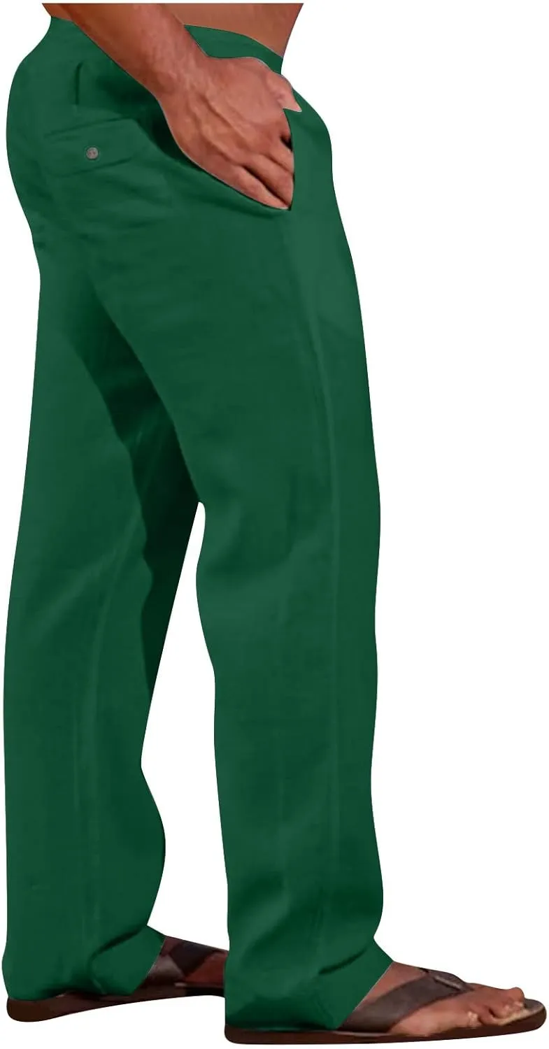 Cotton Linen Men's Linen Drawstring Pants Elastic Waist Relax Casual Daily Beach Travel Comfy Lounge Activewear