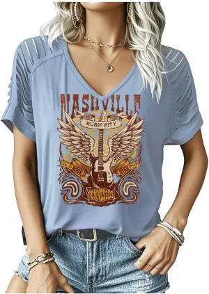 Country Concert Outfits for Women Nashville Cowgirl Western Country Graphic Tees Shirt Tops Cute V Neck Cut Out T Shirts