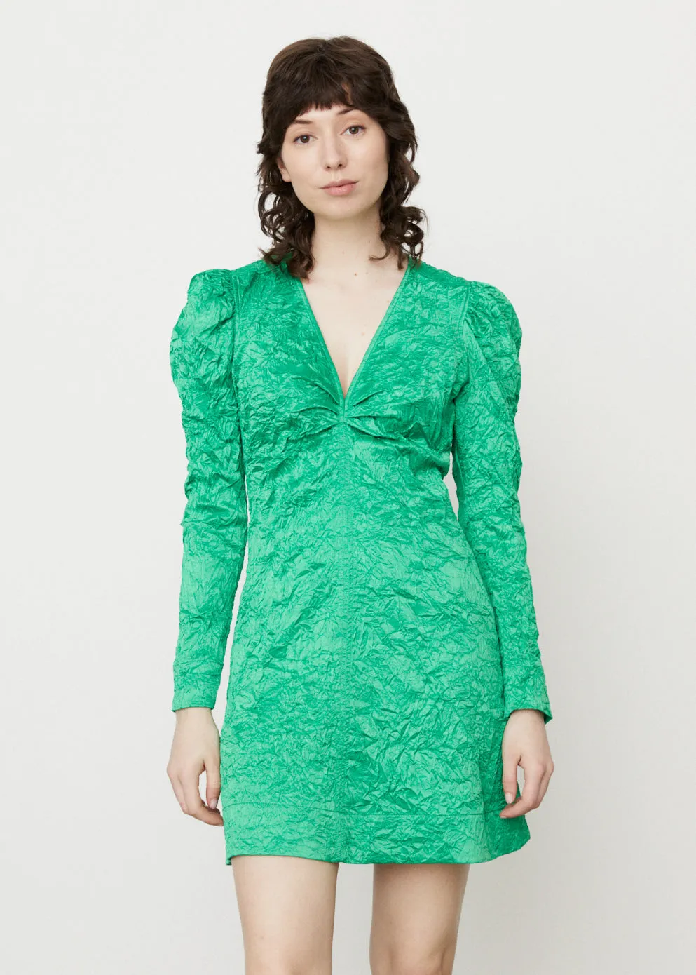 Crinkled Satin V-Neck Mini Dress
