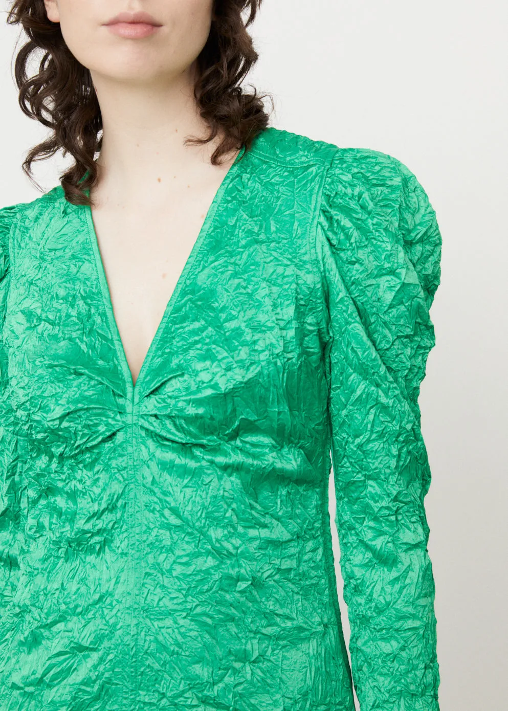 Crinkled Satin V-Neck Mini Dress