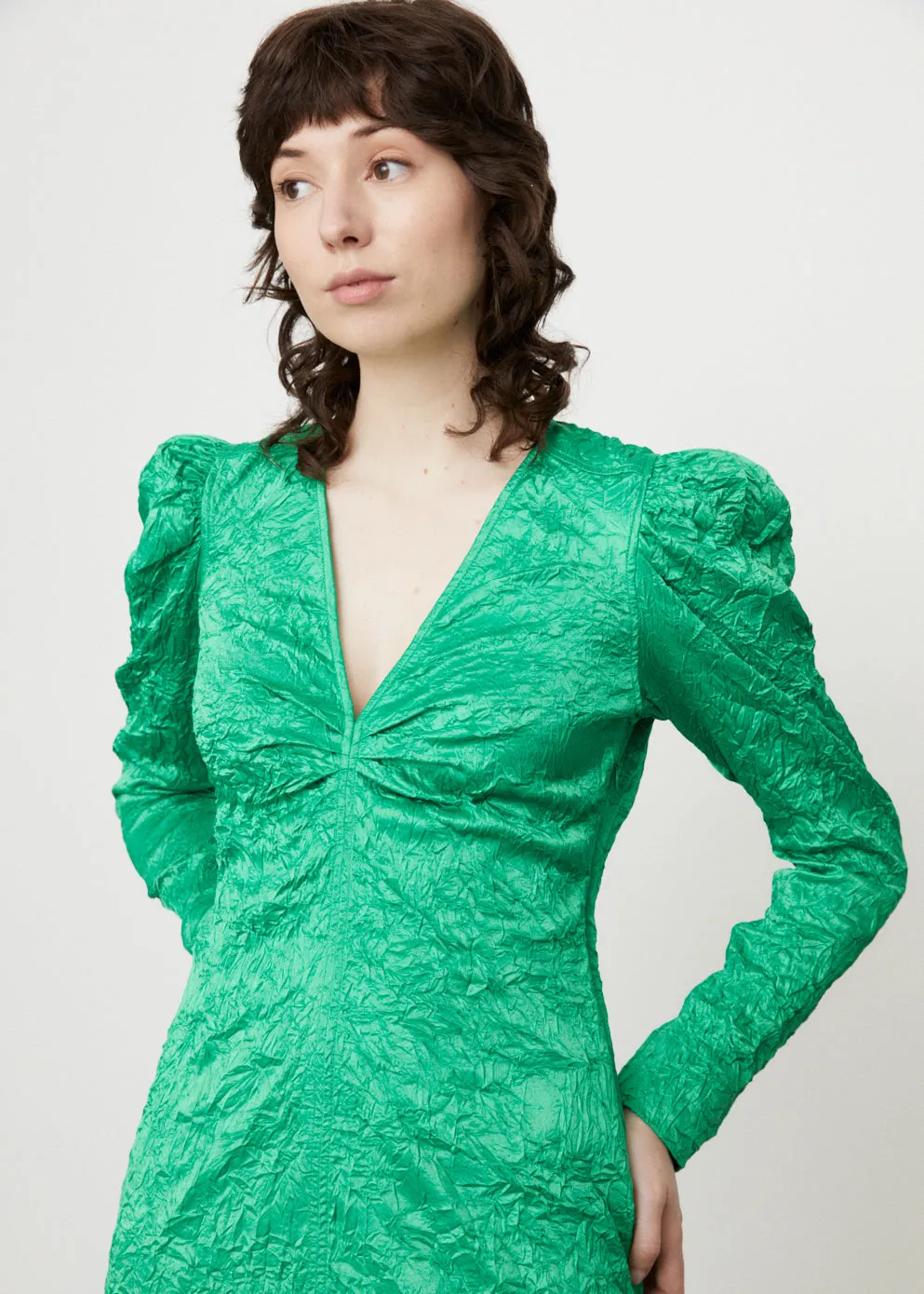 Crinkled Satin V-Neck Mini Dress