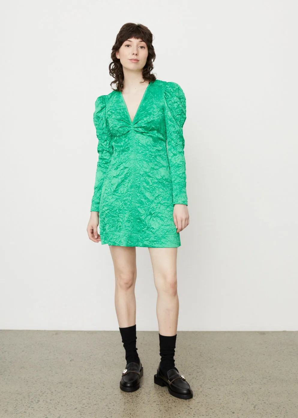 Crinkled Satin V-Neck Mini Dress