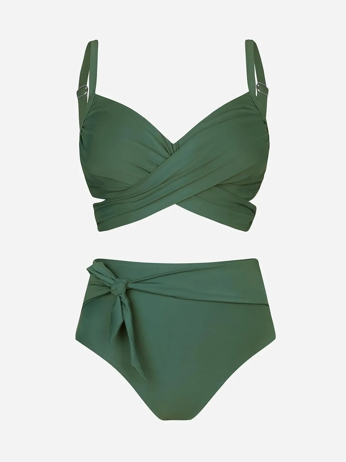 CUPSHE Women Swimsuit Plus Size Bikini Set High Waisted Wrapped Front Self Tie Back Knotted Bottom