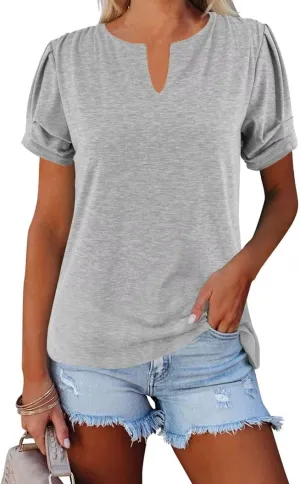 Dailiup Women's Casual V Neck T-Shirts Short Sleeve Summer Cute Tunic Tops Tees Loose Solid Basic Blouses