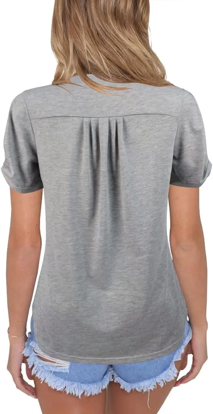 Dailiup Women's Casual V Neck T-Shirts Short Sleeve Summer Cute Tunic Tops Tees Loose Solid Basic Blouses