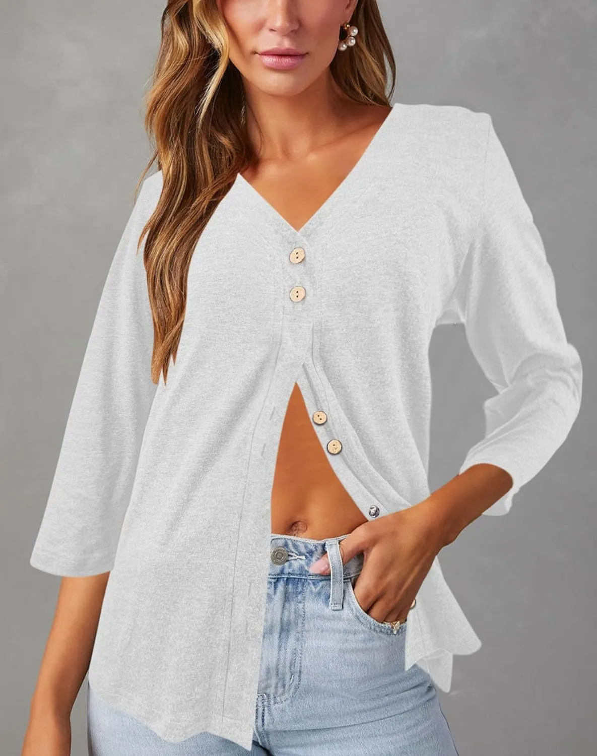 Dailiup Women's V Neck 3/4 Sleeve T-Shirts Button Down Cardigans Casual Solid Tunic Tops Basic Tees Blouses