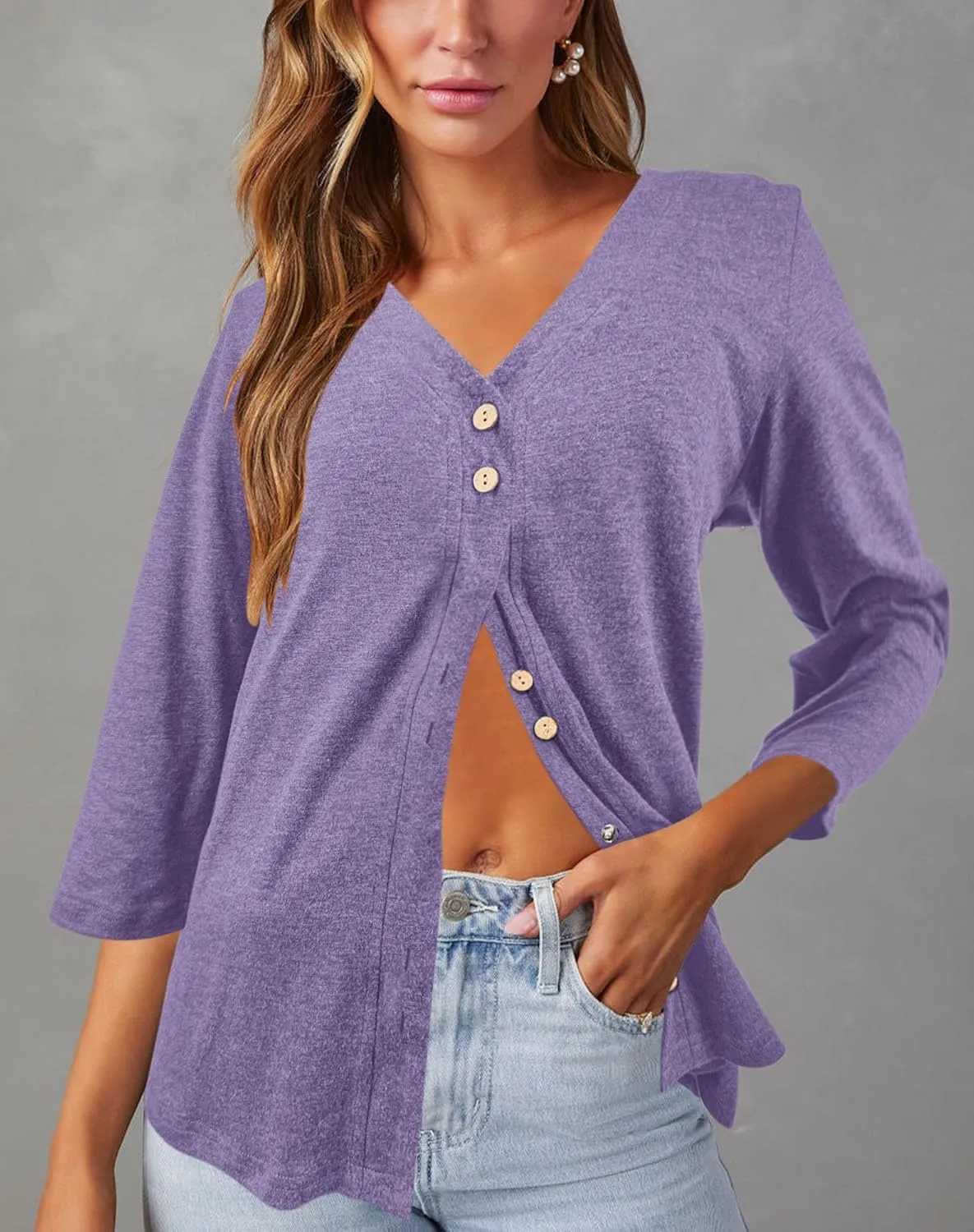 Dailiup Women's V Neck 3/4 Sleeve T-Shirts Button Down Cardigans Casual Solid Tunic Tops Basic Tees Blouses