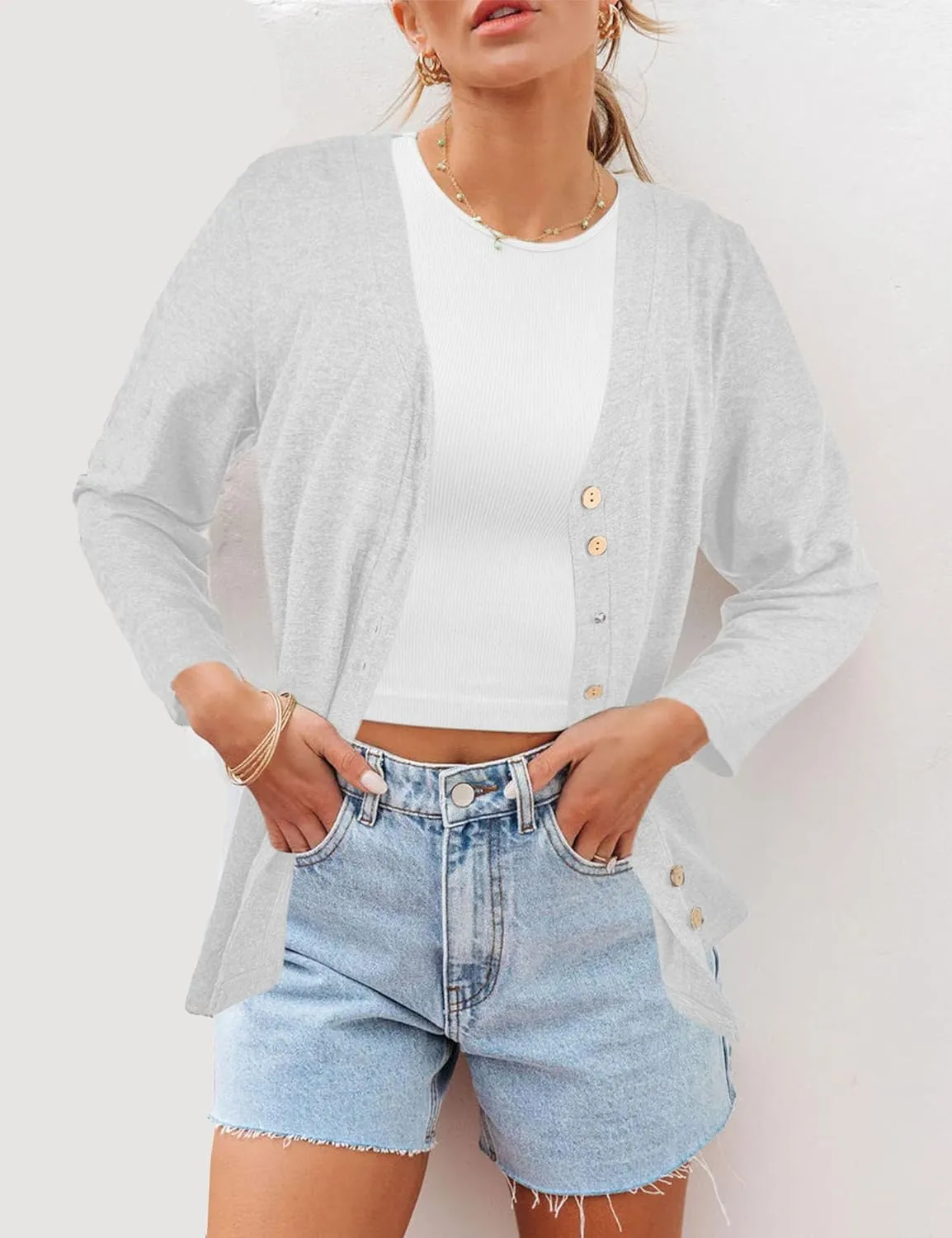 Dailiup Women's V Neck 3/4 Sleeve T-Shirts Button Down Cardigans Casual Solid Tunic Tops Basic Tees Blouses