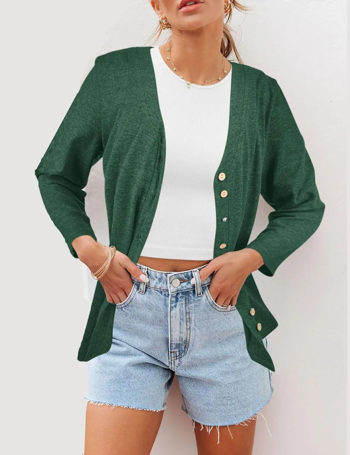 Dailiup Women's V Neck 3/4 Sleeve T-Shirts Button Down Cardigans Casual Solid Tunic Tops Basic Tees Blouses