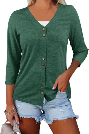 Dailiup Women's V Neck 3/4 Sleeve T-Shirts Button Down Cardigans Casual Solid Tunic Tops Basic Tees Blouses