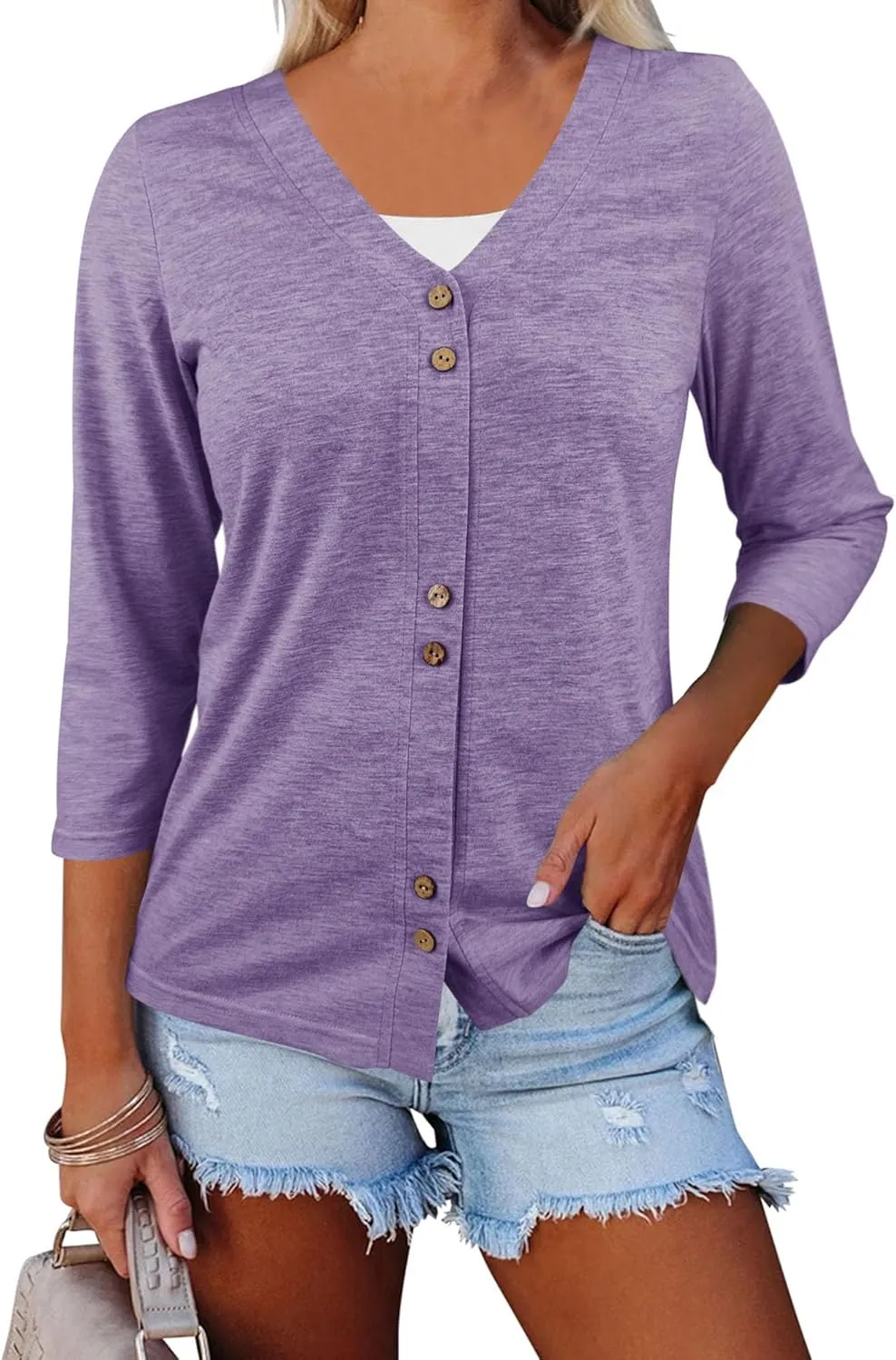 Dailiup Women's V Neck 3/4 Sleeve T-Shirts Button Down Cardigans Casual Solid Tunic Tops Basic Tees Blouses