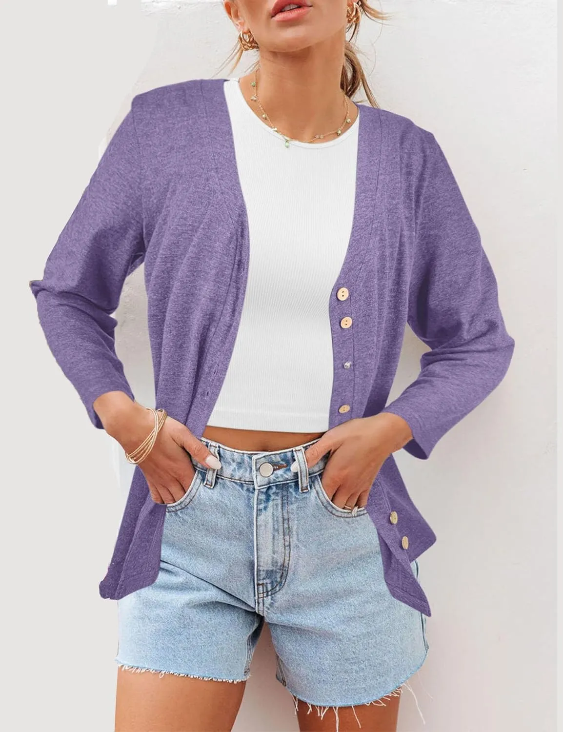 Dailiup Women's V Neck 3/4 Sleeve T-Shirts Button Down Cardigans Casual Solid Tunic Tops Basic Tees Blouses