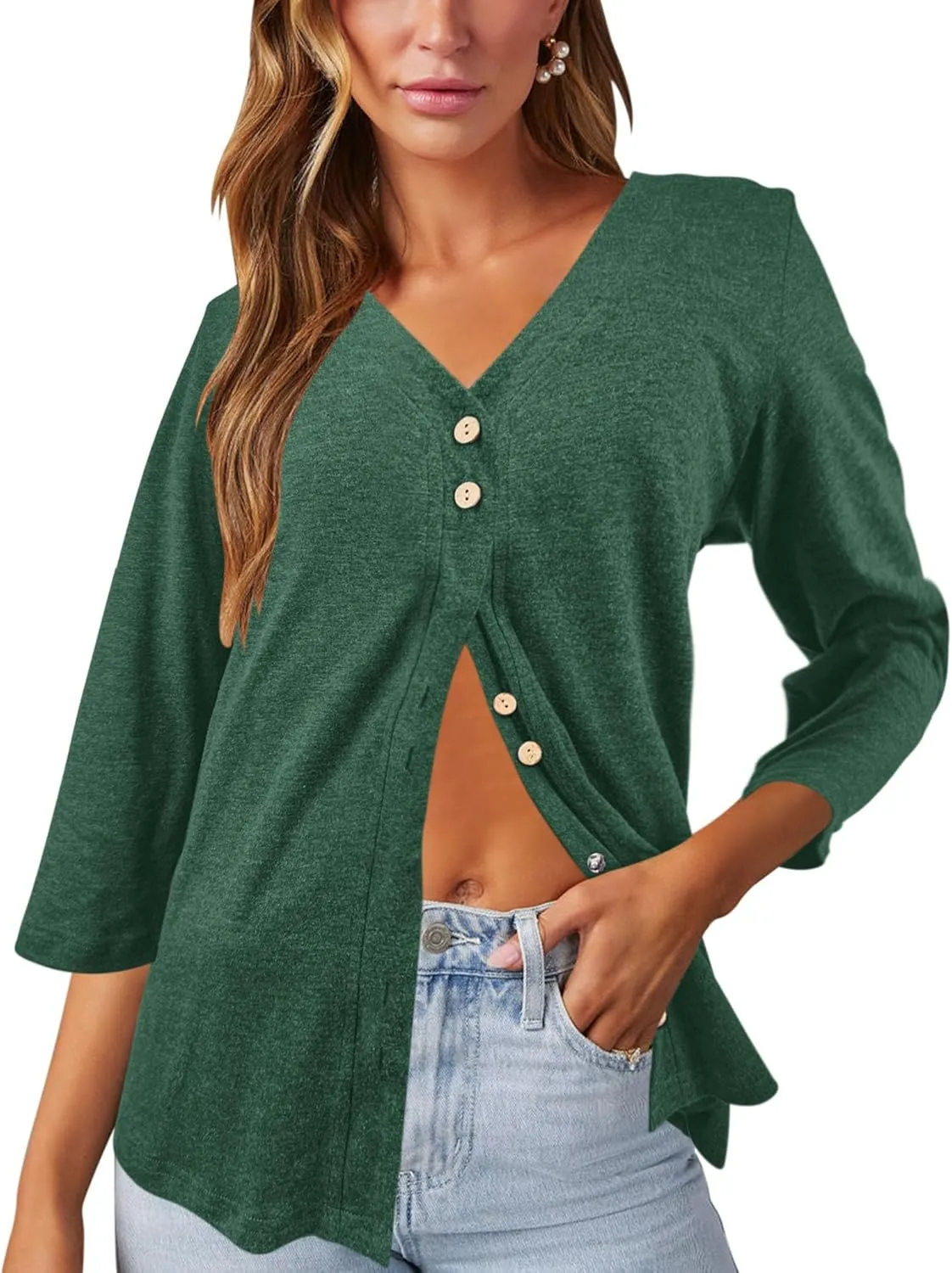 Dailiup Women's V Neck 3/4 Sleeve T-Shirts Button Down Cardigans Casual Solid Tunic Tops Basic Tees Blouses