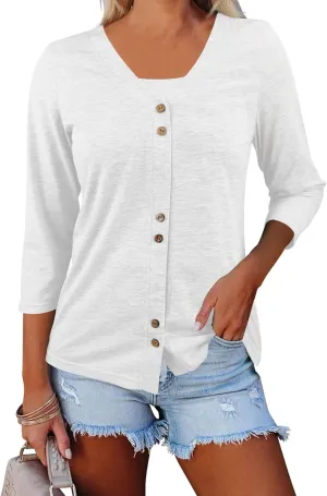 Dailiup Women's V Neck 3/4 Sleeve T-Shirts Button Down Cardigans Casual Solid Tunic Tops Basic Tees Blouses