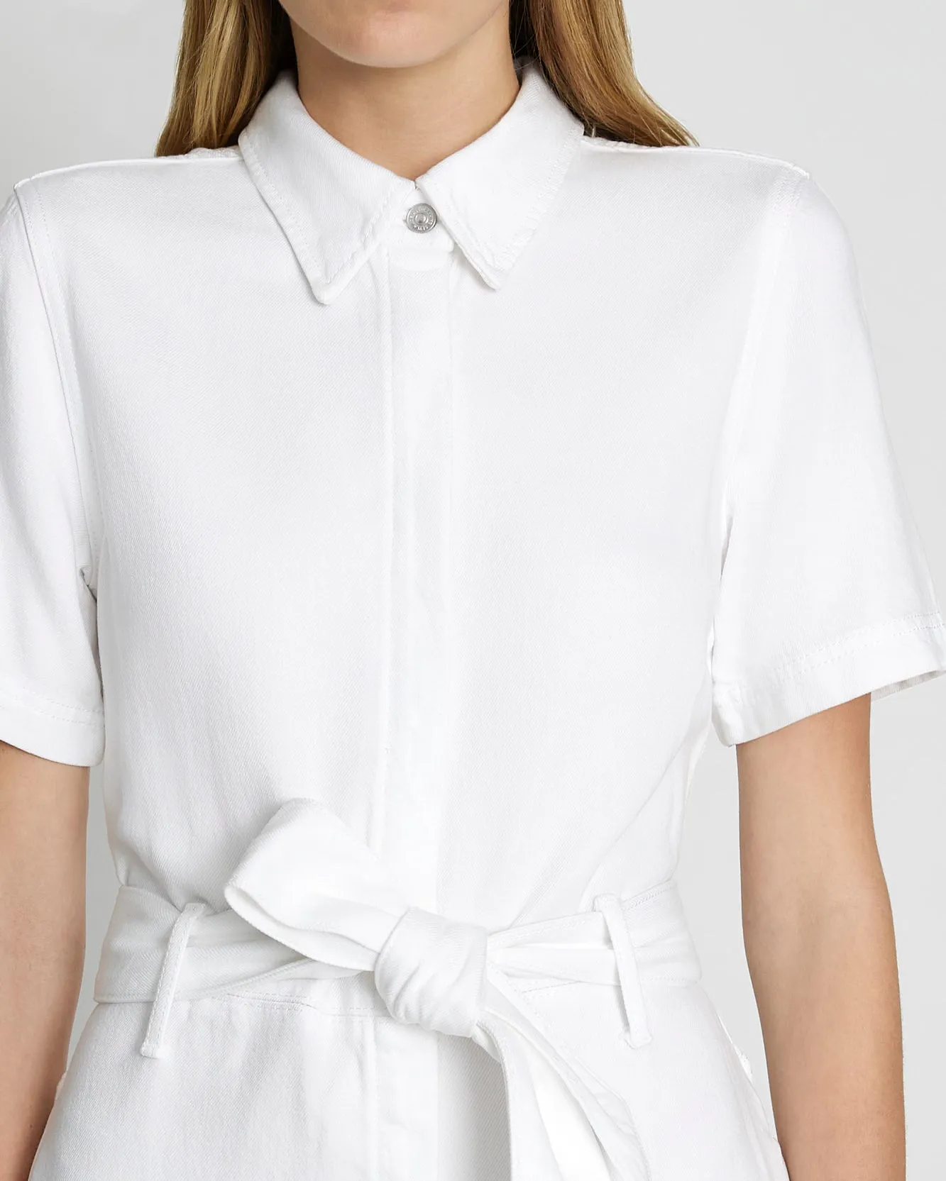 Denim Lustre Belted Shirtdress in Brilliant White
