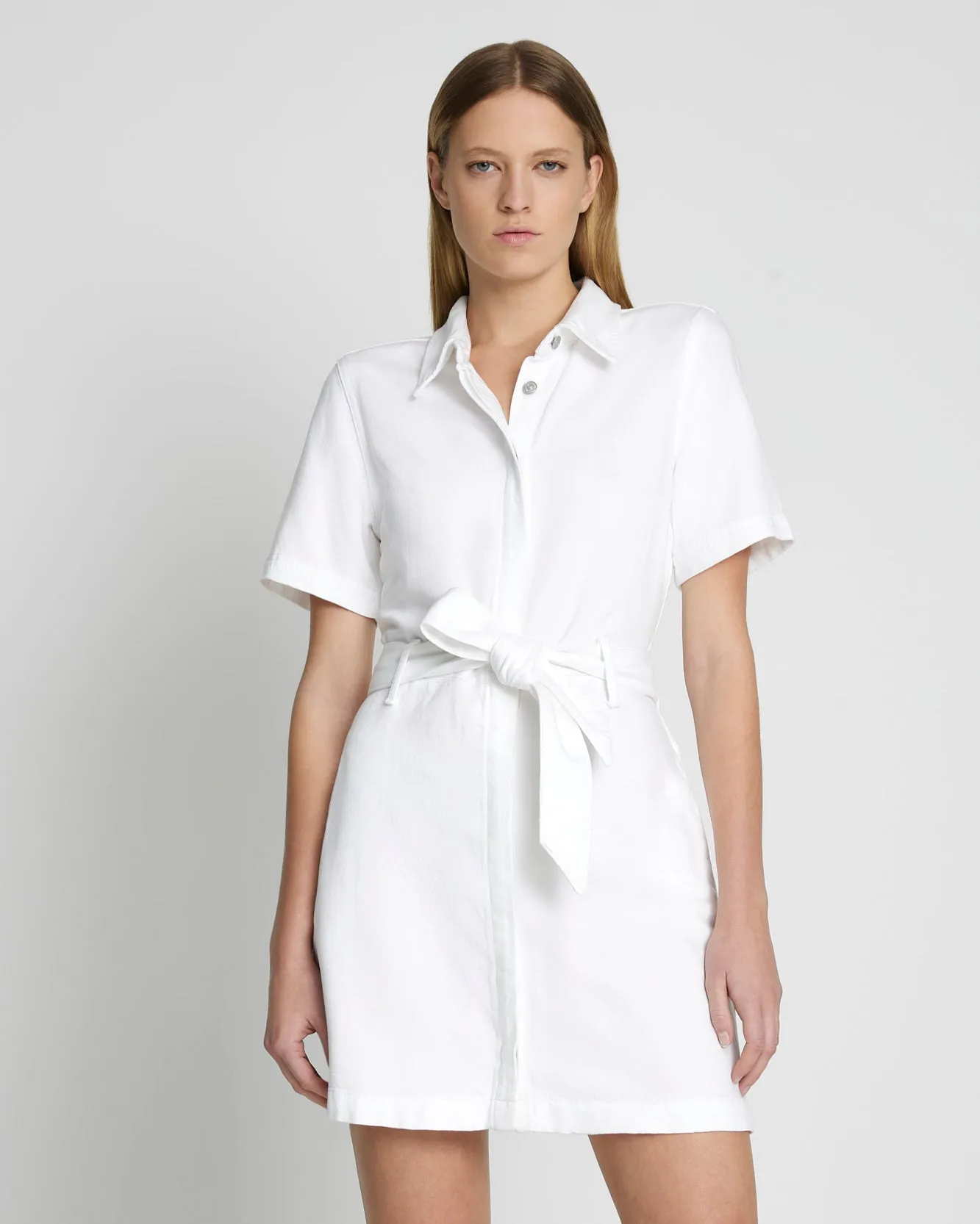 Denim Lustre Belted Shirtdress in Brilliant White