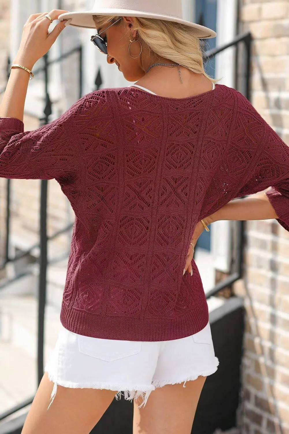 Dokotoo Women's 2025 Spring Summer Crochet Hollow Out 3/4 Sleeve Pullover Sweater Off Shoulder T-Shirts