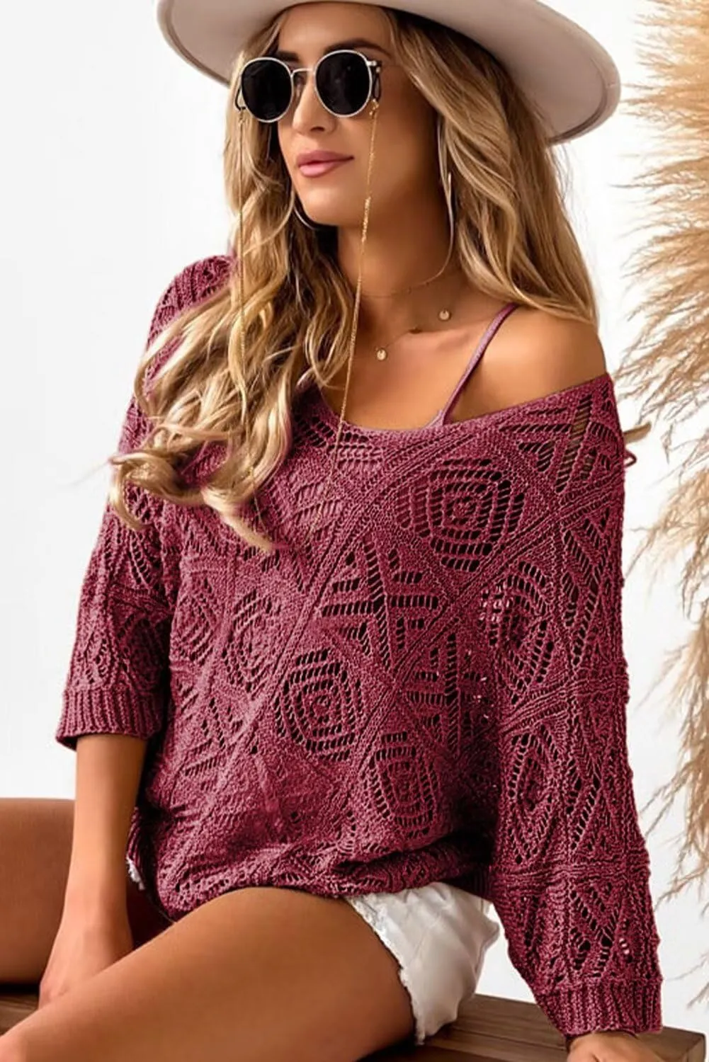 Dokotoo Women's 2025 Spring Summer Crochet Hollow Out 3/4 Sleeve Pullover Sweater Off Shoulder T-Shirts