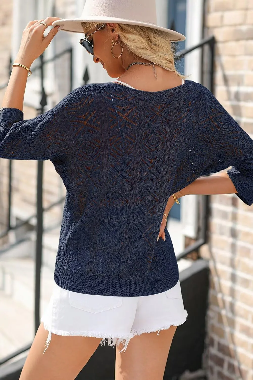 Dokotoo Women's 2025 Spring Summer Crochet Hollow Out 3/4 Sleeve Pullover Sweater Off Shoulder T-Shirts