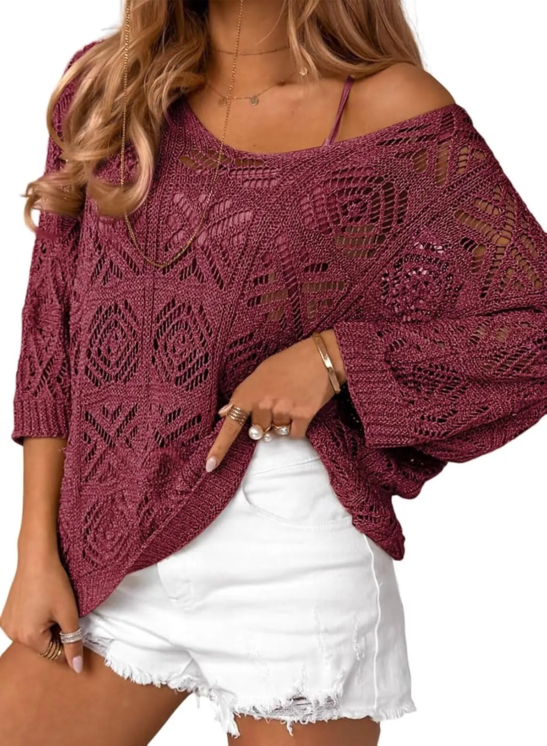 Dokotoo Women's 2025 Spring Summer Crochet Hollow Out 3/4 Sleeve Pullover Sweater Off Shoulder T-Shirts
