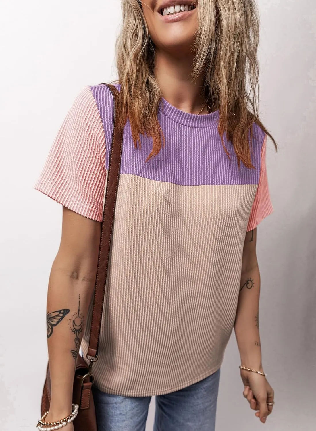Dokotoo Womens Color Block Fashion Short Sleeve Crewneck Knitted Spring Summer Casual Loose T Shirts Tops