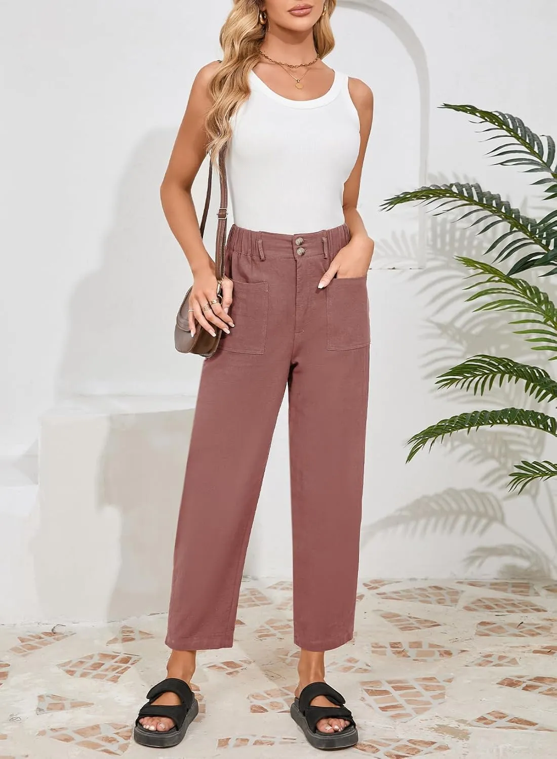 Dokotoo Womens Summer Pants Casual Capri Baggy Ankle Length High Waisted Harem Palazzo Pant Trouser Slacks with Pockets