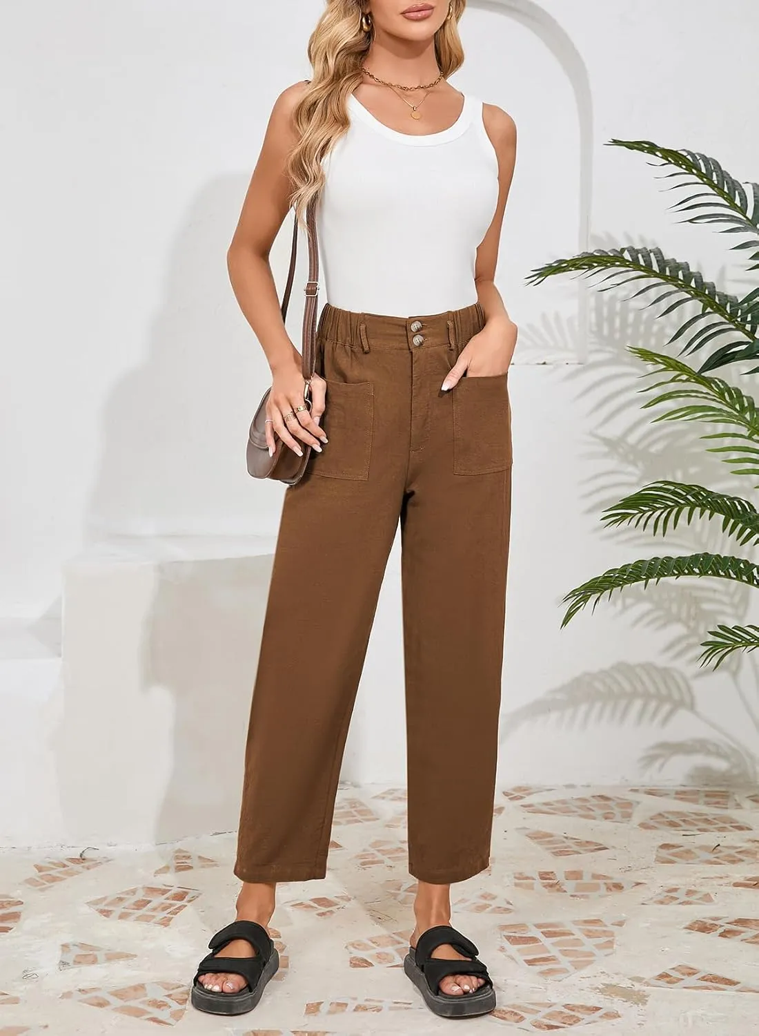 Dokotoo Womens Summer Pants Casual Capri Baggy Ankle Length High Waisted Harem Palazzo Pant Trouser Slacks with Pockets