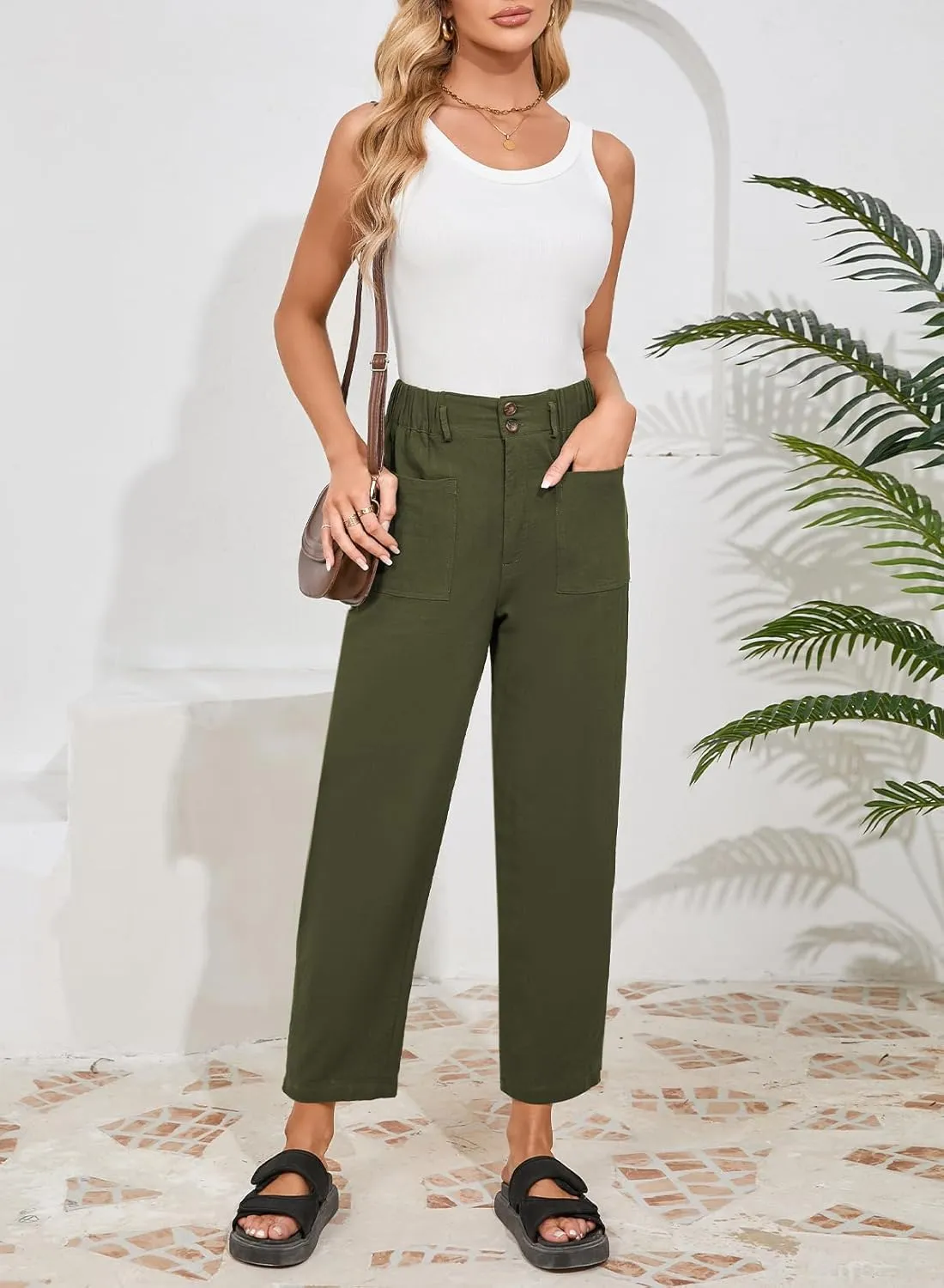 Dokotoo Womens Summer Pants Casual Capri Baggy Ankle Length High Waisted Harem Palazzo Pant Trouser Slacks with Pockets