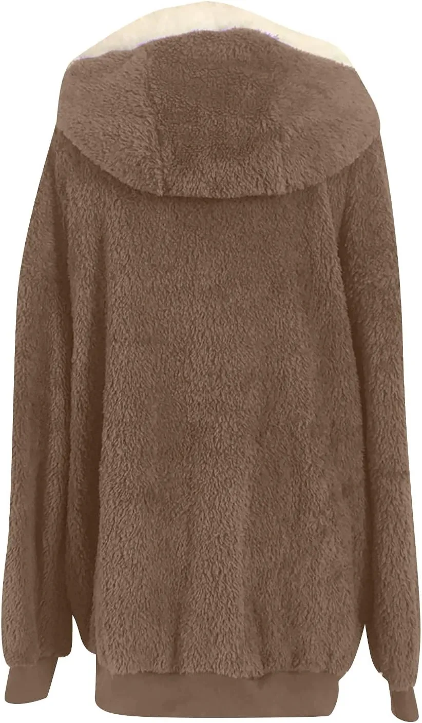 DOLKFU Women Oversized Winter Coat Jacket Zip Up Hooded Coats Shaggy Fleece Open Front Jackets Thick Sherpa Lined Warm Tops