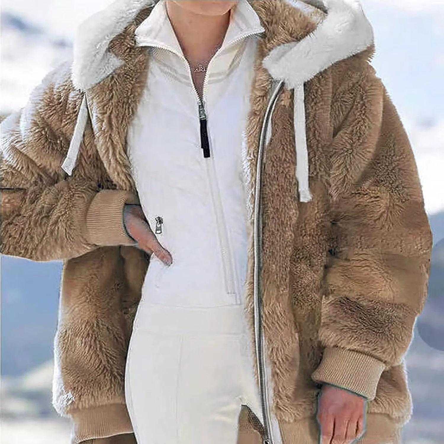 DOLKFU Women Oversized Winter Coat Jacket Zip Up Hooded Coats Shaggy Fleece Open Front Jackets Thick Sherpa Lined Warm Tops