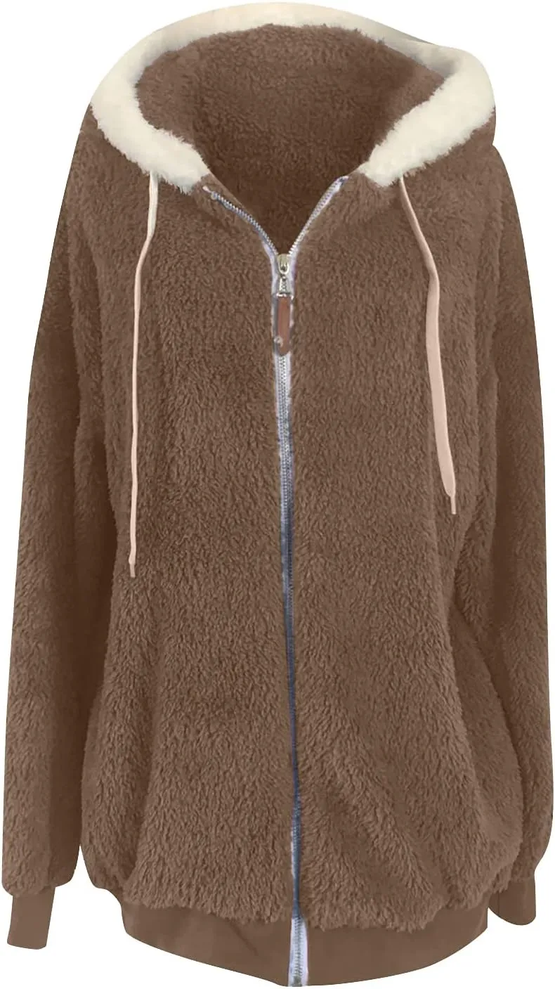 DOLKFU Women Oversized Winter Coat Jacket Zip Up Hooded Coats Shaggy Fleece Open Front Jackets Thick Sherpa Lined Warm Tops