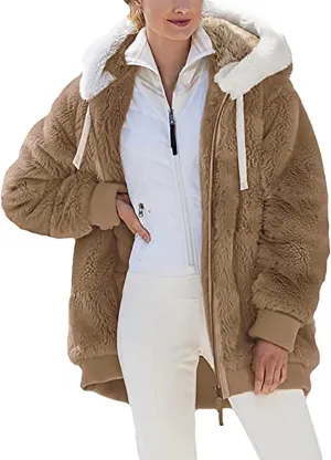 DOLKFU Women Oversized Winter Coat Jacket Zip Up Hooded Coats Shaggy Fleece Open Front Jackets Thick Sherpa Lined Warm Tops
