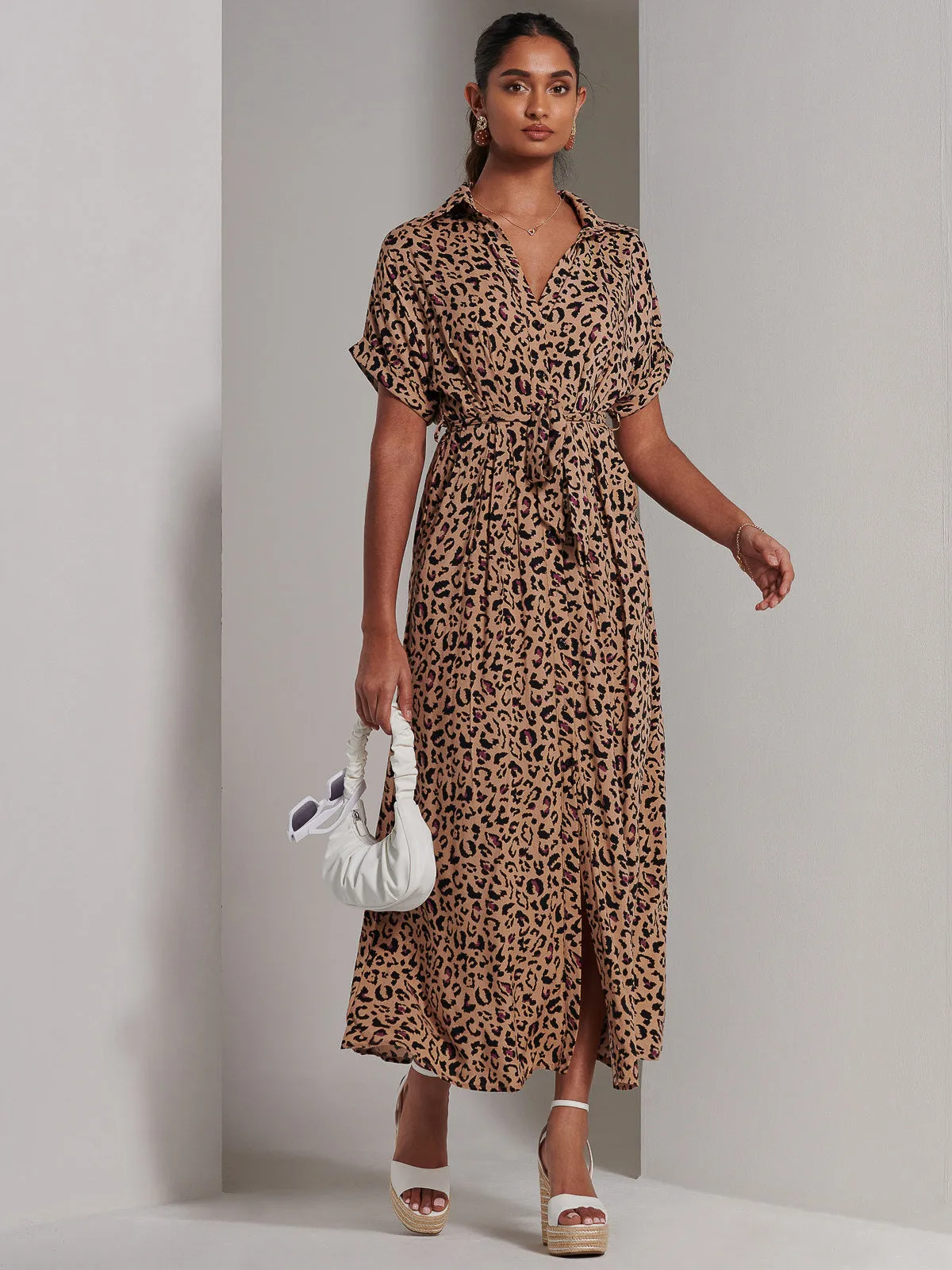 Drop Shoulder Shirt Maxi Dress, Neutral Animal