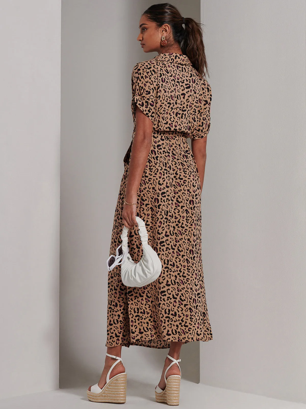 Drop Shoulder Shirt Maxi Dress, Neutral Animal