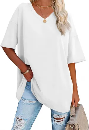 Ebifin Womens Oversized Tshirts V Neck Tee Shirts Half Sleeve Loose Fit T Shirt Cotton Tunic Tops 2024