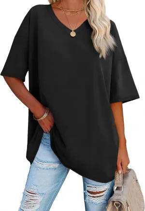 Ebifin Womens Oversized Tshirts V Neck Tee Shirts Half Sleeve Loose Fit T Shirt Cotton Tunic Tops 2024