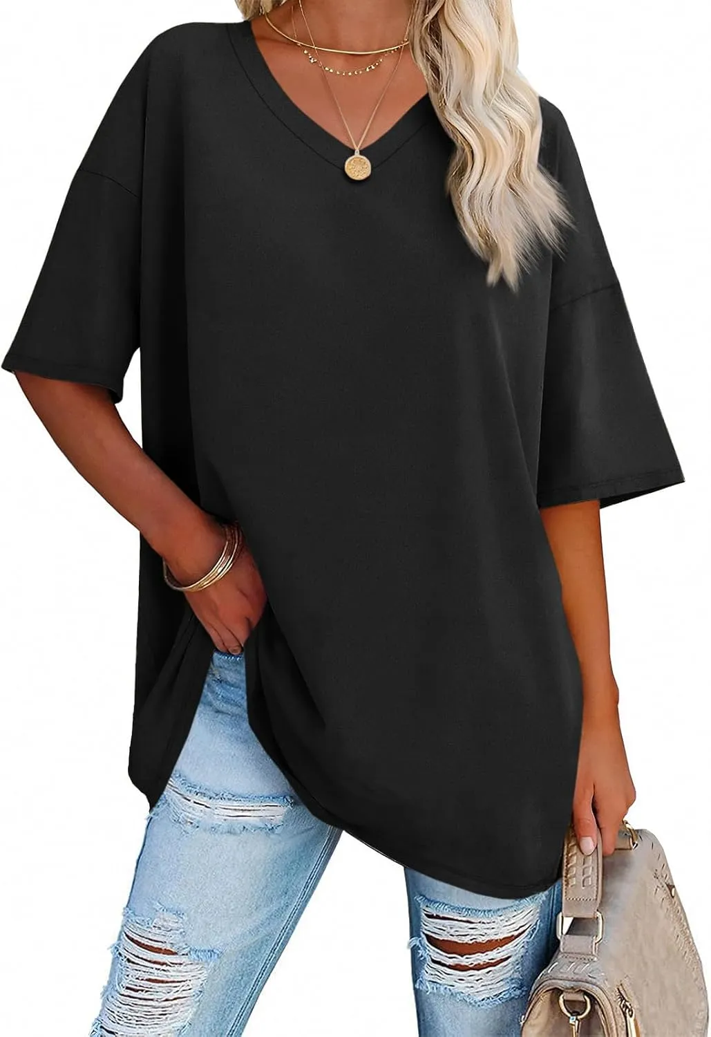 Ebifin Womens Oversized Tshirts V Neck Tee Shirts Half Sleeve Loose Fit T Shirt Cotton Tunic Tops 2024