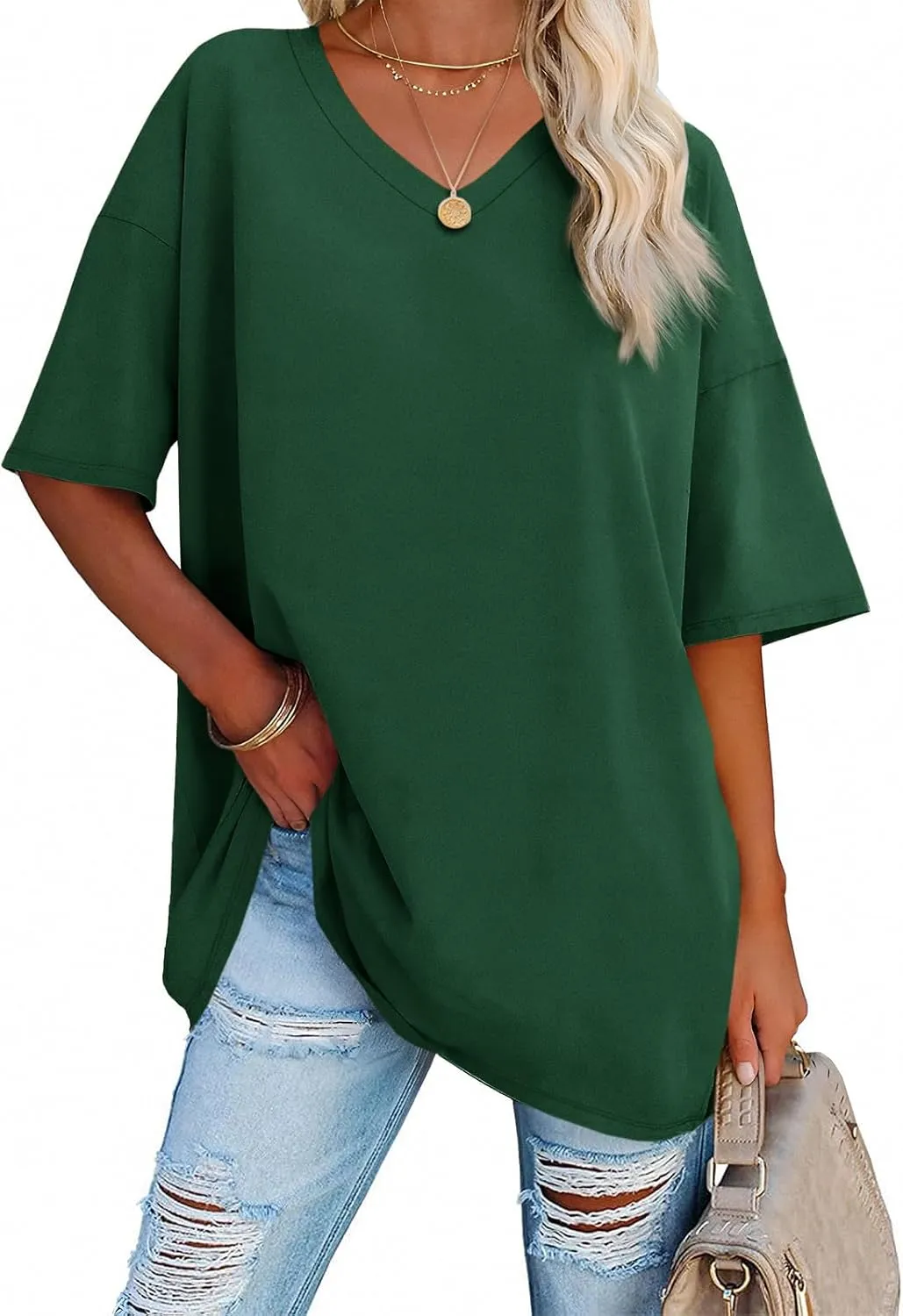 Ebifin Womens Oversized Tshirts V Neck Tee Shirts Half Sleeve Loose Fit T Shirt Cotton Tunic Tops 2024