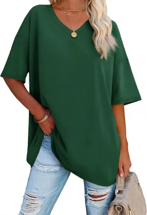 Ebifin Womens Oversized Tshirts V Neck Tee Shirts Half Sleeve Loose Fit T Shirt Cotton Tunic Tops 2024